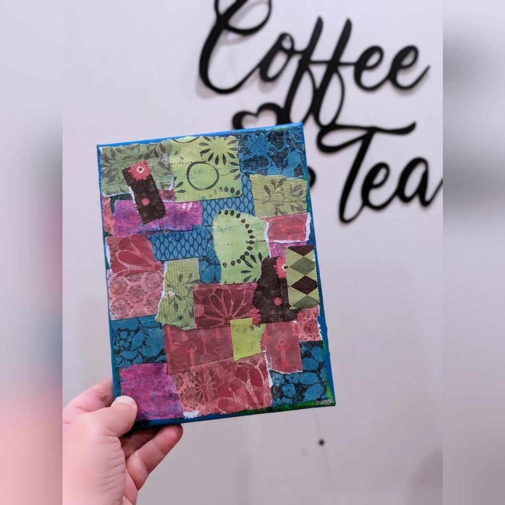 Handmade Patchwork Art Canvas – Blue, Green, Pink Collage